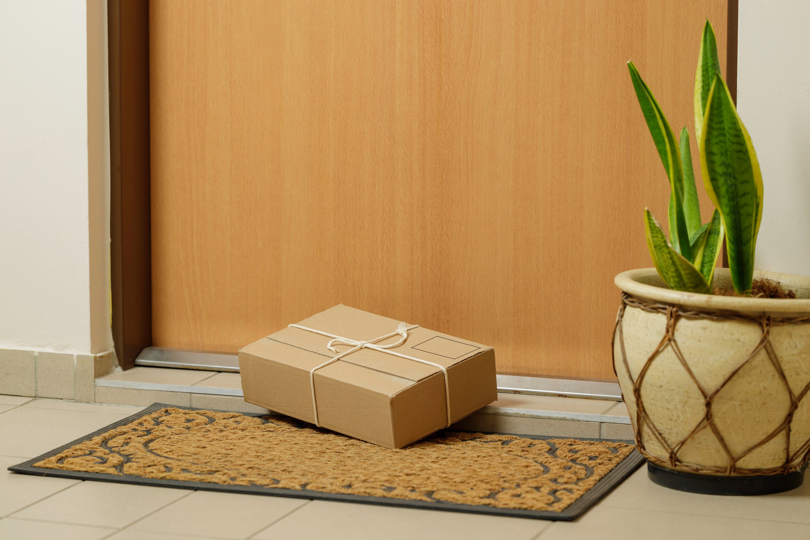 cardboard box lying on the doormat